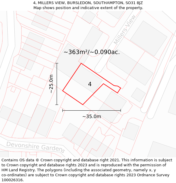 4, MILLERS VIEW, BURSLEDON, SOUTHAMPTON, SO31 8JZ: Plot and title map