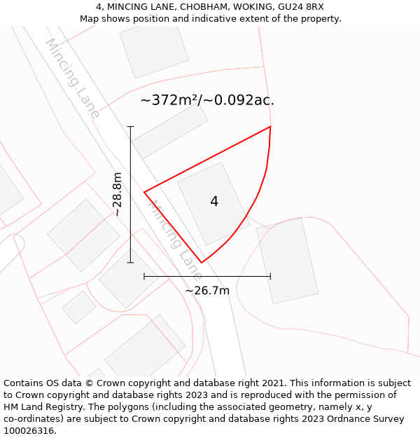 4, MINCING LANE, CHOBHAM, WOKING, GU24 8RX: Plot and title map