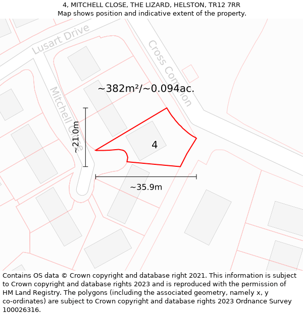 4, MITCHELL CLOSE, THE LIZARD, HELSTON, TR12 7RR: Plot and title map