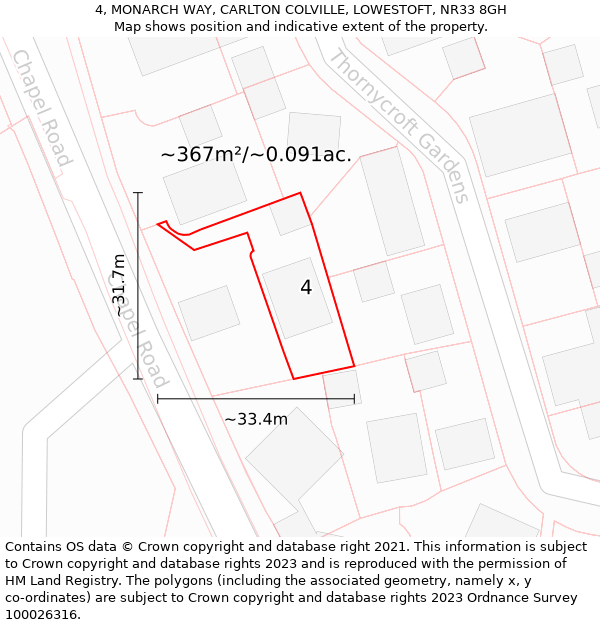 4, MONARCH WAY, CARLTON COLVILLE, LOWESTOFT, NR33 8GH: Plot and title map