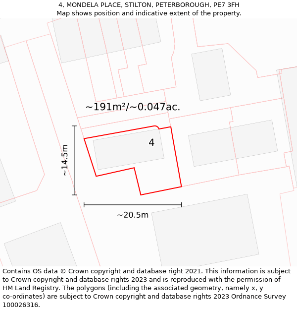 4, MONDELA PLACE, STILTON, PETERBOROUGH, PE7 3FH: Plot and title map