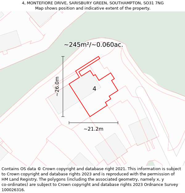 4, MONTEFIORE DRIVE, SARISBURY GREEN, SOUTHAMPTON, SO31 7NG: Plot and title map