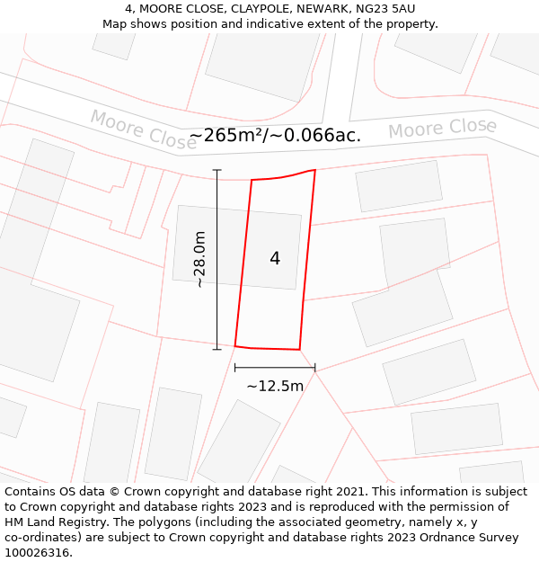 4, MOORE CLOSE, CLAYPOLE, NEWARK, NG23 5AU: Plot and title map