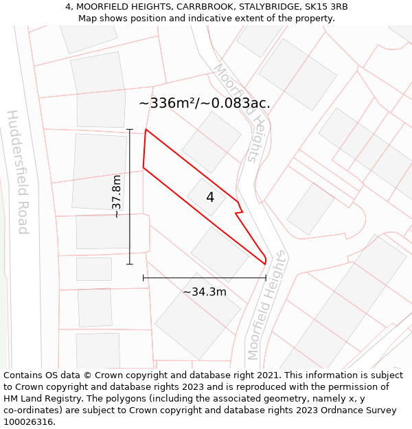 4, MOORFIELD HEIGHTS, CARRBROOK, STALYBRIDGE, SK15 3RB: Plot and title map