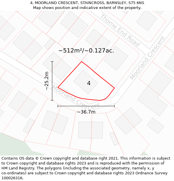 4, MOORLAND CRESCENT, STAINCROSS, BARNSLEY, S75 6NS: Plot and title map