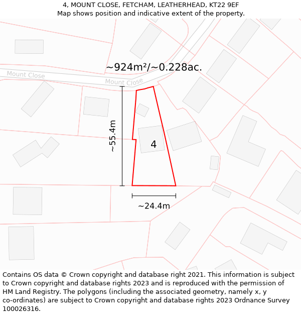 4, MOUNT CLOSE, FETCHAM, LEATHERHEAD, KT22 9EF: Plot and title map