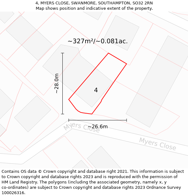 4, MYERS CLOSE, SWANMORE, SOUTHAMPTON, SO32 2RN: Plot and title map