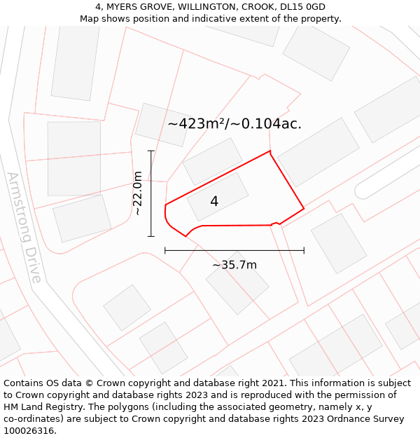 4, MYERS GROVE, WILLINGTON, CROOK, DL15 0GD: Plot and title map