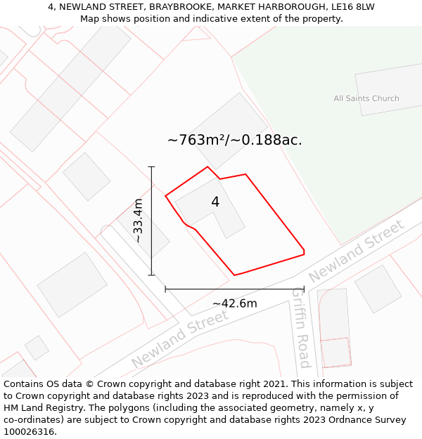 4, NEWLAND STREET, BRAYBROOKE, MARKET HARBOROUGH, LE16 8LW: Plot and title map