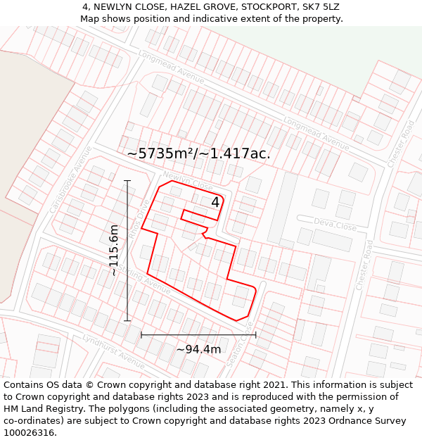 4, NEWLYN CLOSE, HAZEL GROVE, STOCKPORT, SK7 5LZ: Plot and title map