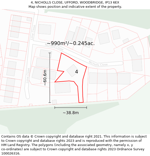 4, NICHOLLS CLOSE, UFFORD, WOODBRIDGE, IP13 6EX: Plot and title map