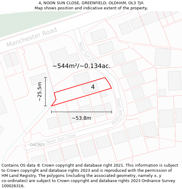 4, NOON SUN CLOSE, GREENFIELD, OLDHAM, OL3 7JA: Plot and title map