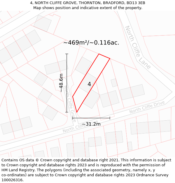 4, NORTH CLIFFE GROVE, THORNTON, BRADFORD, BD13 3EB: Plot and title map