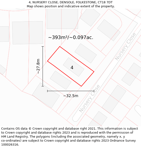 4, NURSERY CLOSE, DENSOLE, FOLKESTONE, CT18 7DT: Plot and title map