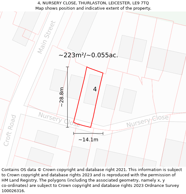 4, NURSERY CLOSE, THURLASTON, LEICESTER, LE9 7TQ: Plot and title map