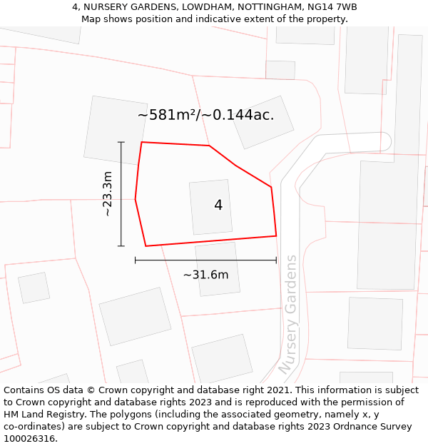 4, NURSERY GARDENS, LOWDHAM, NOTTINGHAM, NG14 7WB: Plot and title map