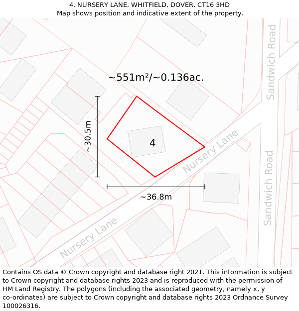 4, NURSERY LANE, WHITFIELD, DOVER, CT16 3HD: Plot and title map