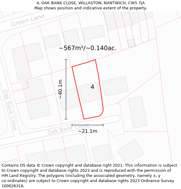 4, OAK BANK CLOSE, WILLASTON, NANTWICH, CW5 7JA: Plot and title map