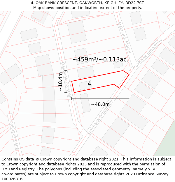 4, OAK BANK CRESCENT, OAKWORTH, KEIGHLEY, BD22 7SZ: Plot and title map