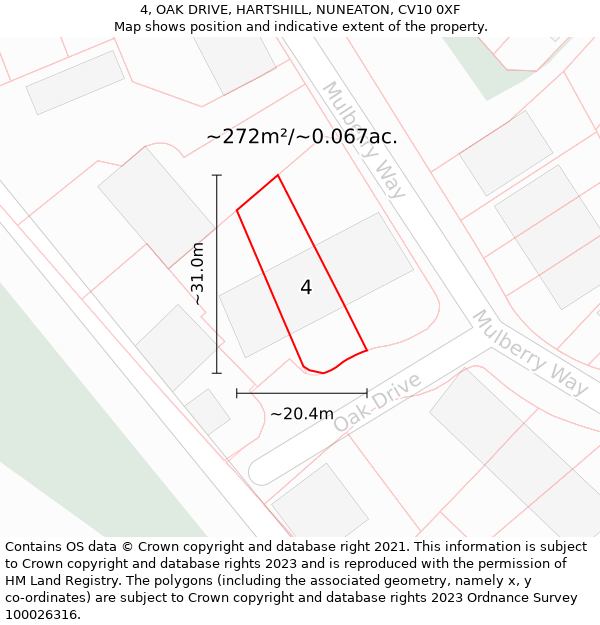 4, OAK DRIVE, HARTSHILL, NUNEATON, CV10 0XF: Plot and title map