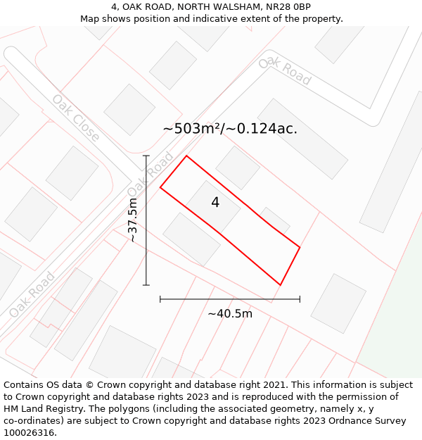 4, OAK ROAD, NORTH WALSHAM, NR28 0BP: Plot and title map