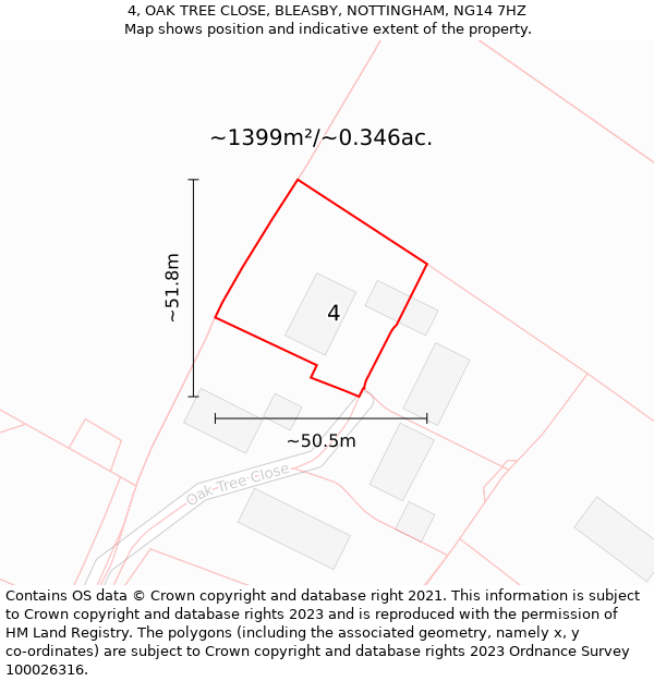 4, OAK TREE CLOSE, BLEASBY, NOTTINGHAM, NG14 7HZ: Plot and title map