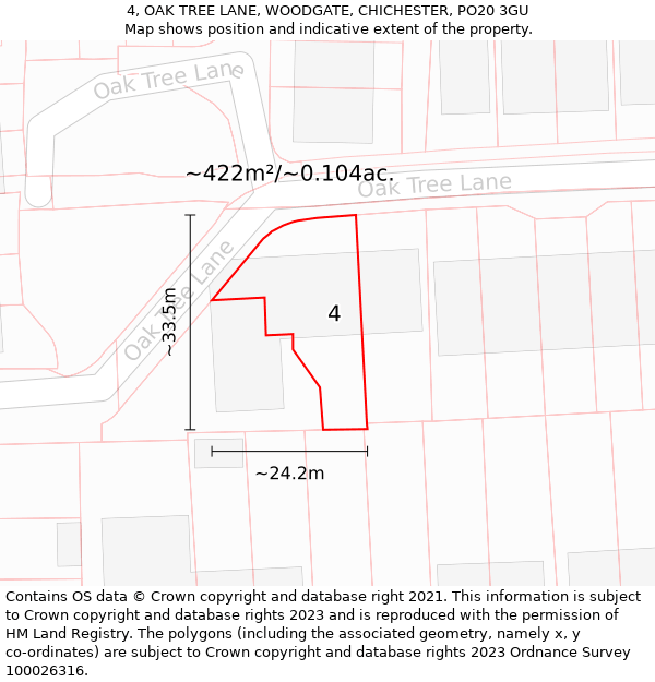 4, OAK TREE LANE, WOODGATE, CHICHESTER, PO20 3GU: Plot and title map