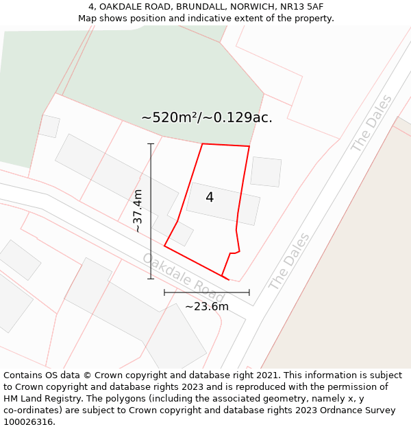 4, OAKDALE ROAD, BRUNDALL, NORWICH, NR13 5AF: Plot and title map