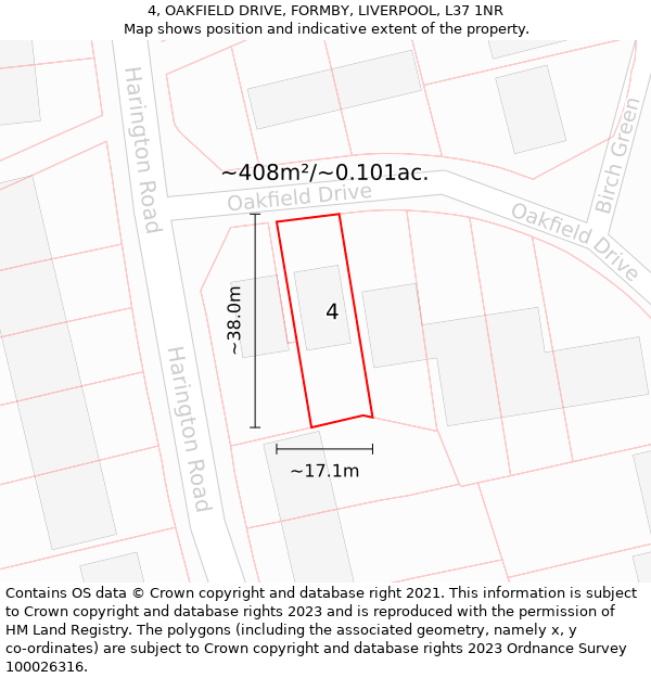 4, OAKFIELD DRIVE, FORMBY, LIVERPOOL, L37 1NR: Plot and title map