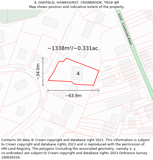 4, OAKFIELD, HAWKHURST, CRANBROOK, TN18 4JR: Plot and title map