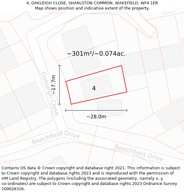 4, OAKLEIGH CLOSE, SHARLSTON COMMON, WAKEFIELD, WF4 1ER: Plot and title map