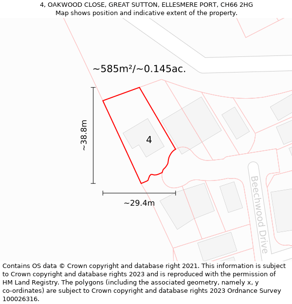 4, OAKWOOD CLOSE, GREAT SUTTON, ELLESMERE PORT, CH66 2HG: Plot and title map