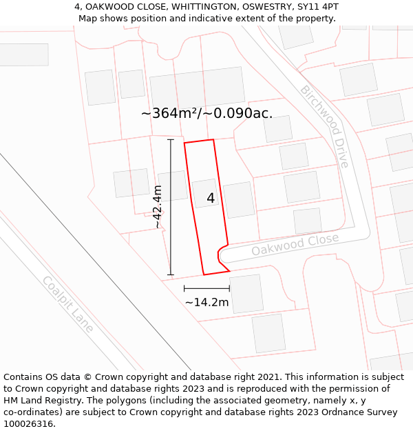 4, OAKWOOD CLOSE, WHITTINGTON, OSWESTRY, SY11 4PT: Plot and title map