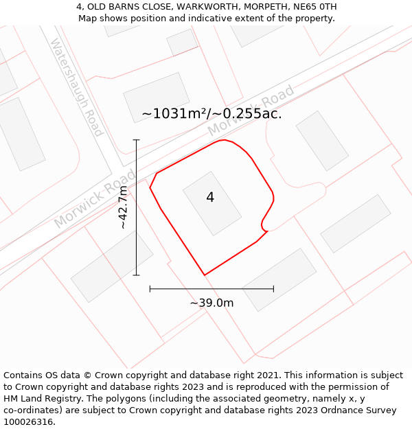 4, OLD BARNS CLOSE, WARKWORTH, MORPETH, NE65 0TH: Plot and title map