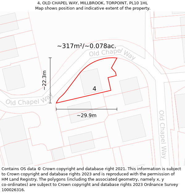 4, OLD CHAPEL WAY, MILLBROOK, TORPOINT, PL10 1HL: Plot and title map