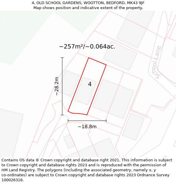 4, OLD SCHOOL GARDENS, WOOTTON, BEDFORD, MK43 9JF: Plot and title map