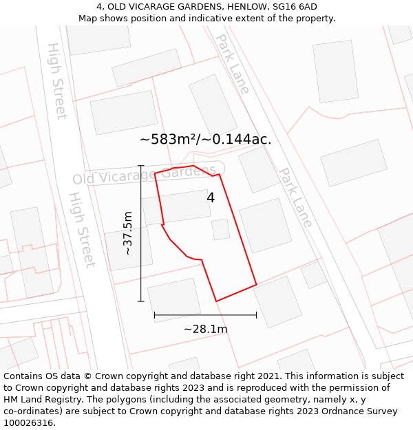 4, OLD VICARAGE GARDENS, HENLOW, SG16 6AD: Plot and title map