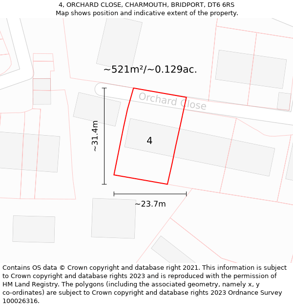 4, ORCHARD CLOSE, CHARMOUTH, BRIDPORT, DT6 6RS: Plot and title map