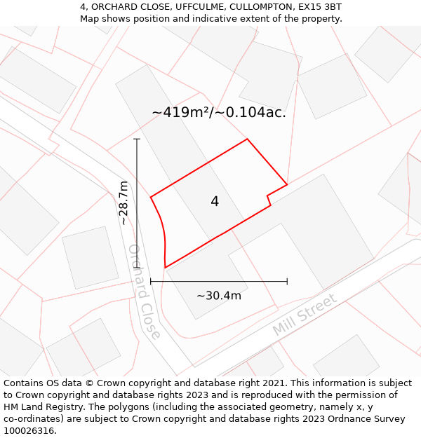 4, ORCHARD CLOSE, UFFCULME, CULLOMPTON, EX15 3BT: Plot and title map