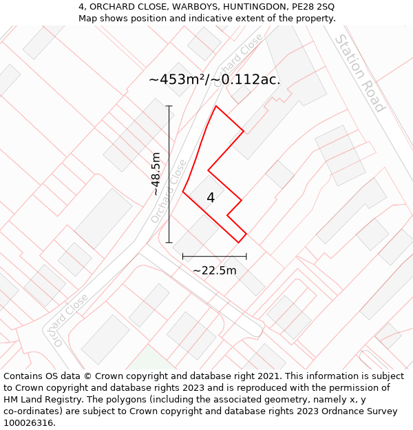 4, ORCHARD CLOSE, WARBOYS, HUNTINGDON, PE28 2SQ: Plot and title map