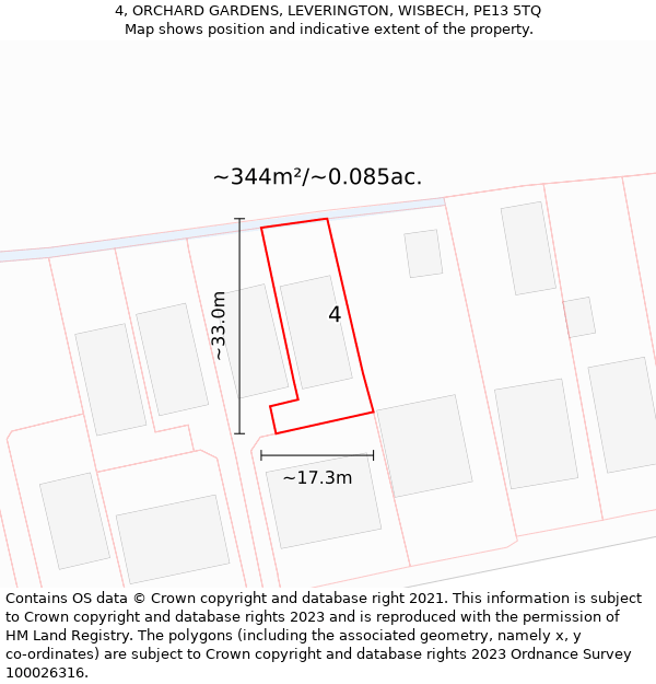 4, ORCHARD GARDENS, LEVERINGTON, WISBECH, PE13 5TQ: Plot and title map