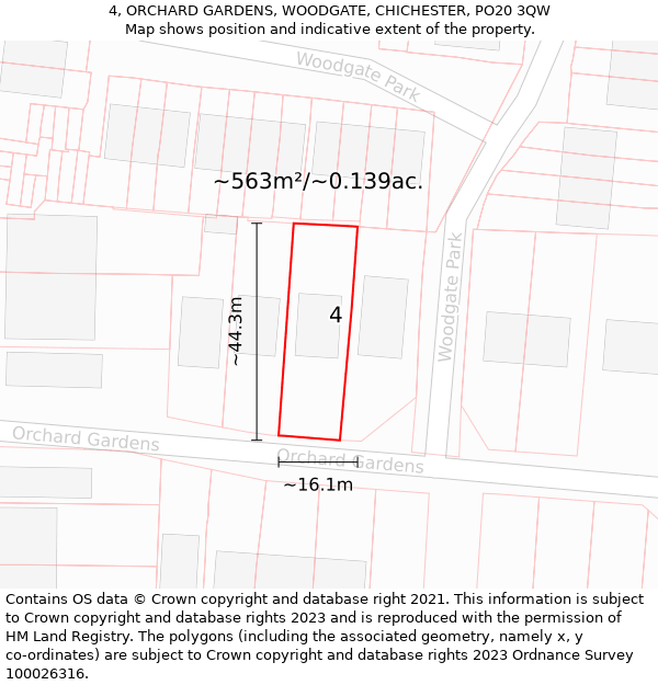 4, ORCHARD GARDENS, WOODGATE, CHICHESTER, PO20 3QW: Plot and title map