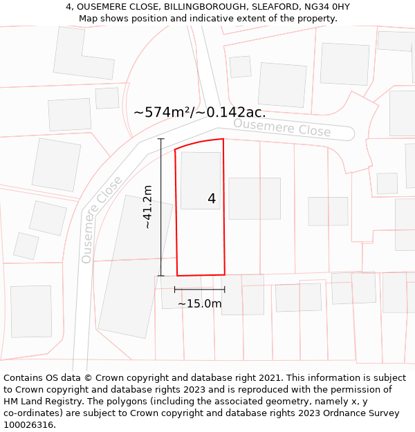 4, OUSEMERE CLOSE, BILLINGBOROUGH, SLEAFORD, NG34 0HY: Plot and title map