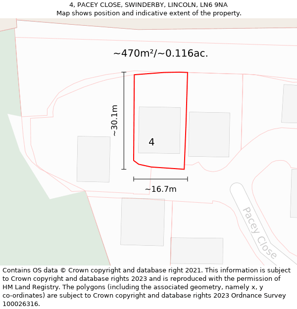 4, PACEY CLOSE, SWINDERBY, LINCOLN, LN6 9NA: Plot and title map