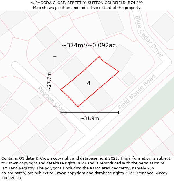 4, PAGODA CLOSE, STREETLY, SUTTON COLDFIELD, B74 2AY: Plot and title map