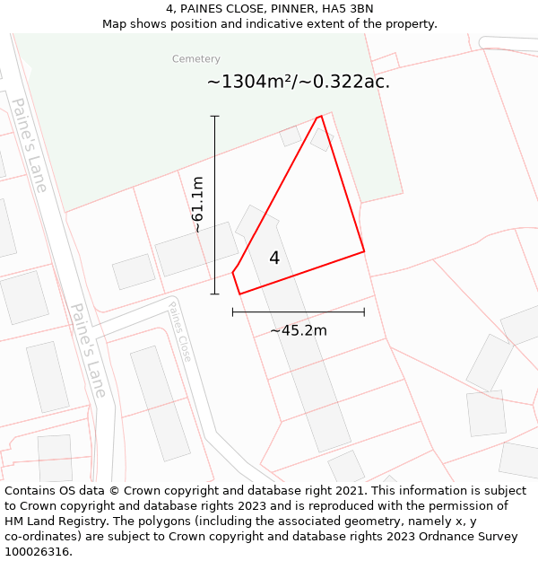 4, PAINES CLOSE, PINNER, HA5 3BN: Plot and title map