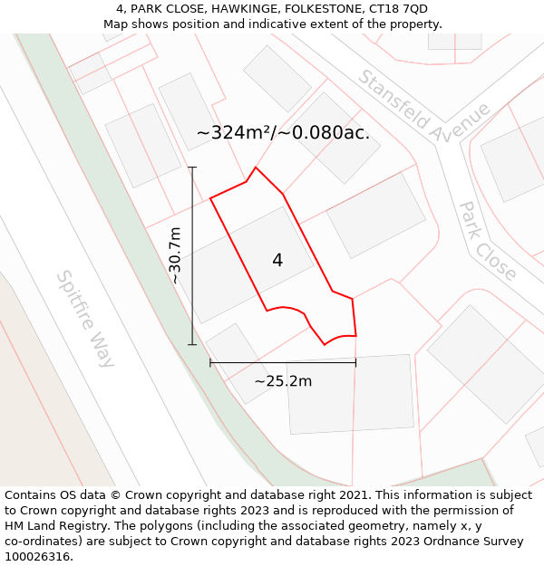 4, PARK CLOSE, HAWKINGE, FOLKESTONE, CT18 7QD: Plot and title map