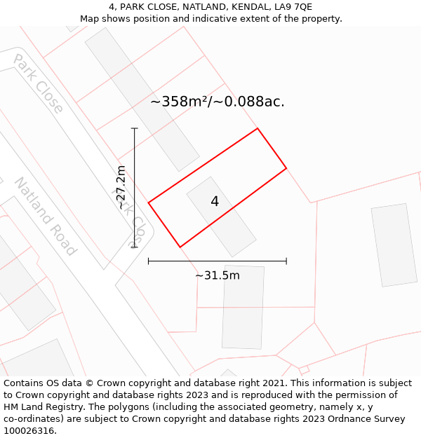 4, PARK CLOSE, NATLAND, KENDAL, LA9 7QE: Plot and title map