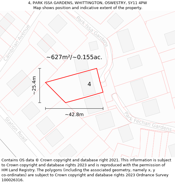 4, PARK ISSA GARDENS, WHITTINGTON, OSWESTRY, SY11 4PW: Plot and title map