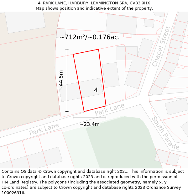 4, PARK LANE, HARBURY, LEAMINGTON SPA, CV33 9HX: Plot and title map